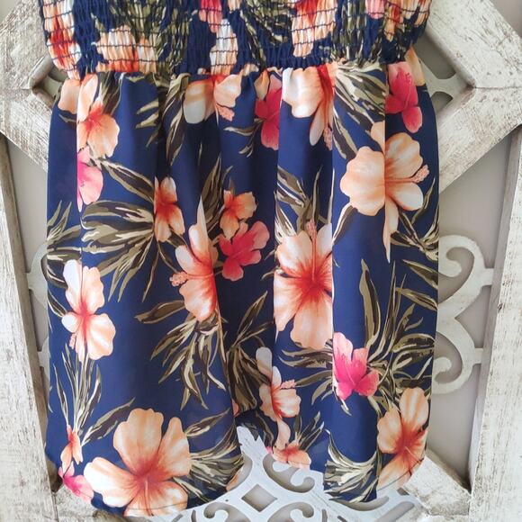 Perfect Peach Babydoll Peplum Flowy Smocked Tank Top Tropical Hibiscus Hawaiian - Picture 3 of 8